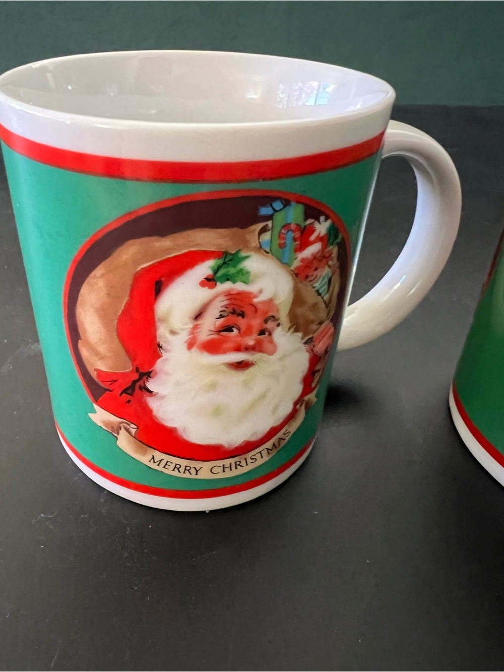 Retro Santa 'Merry Christmas' Ceramic Mug in Green and Red